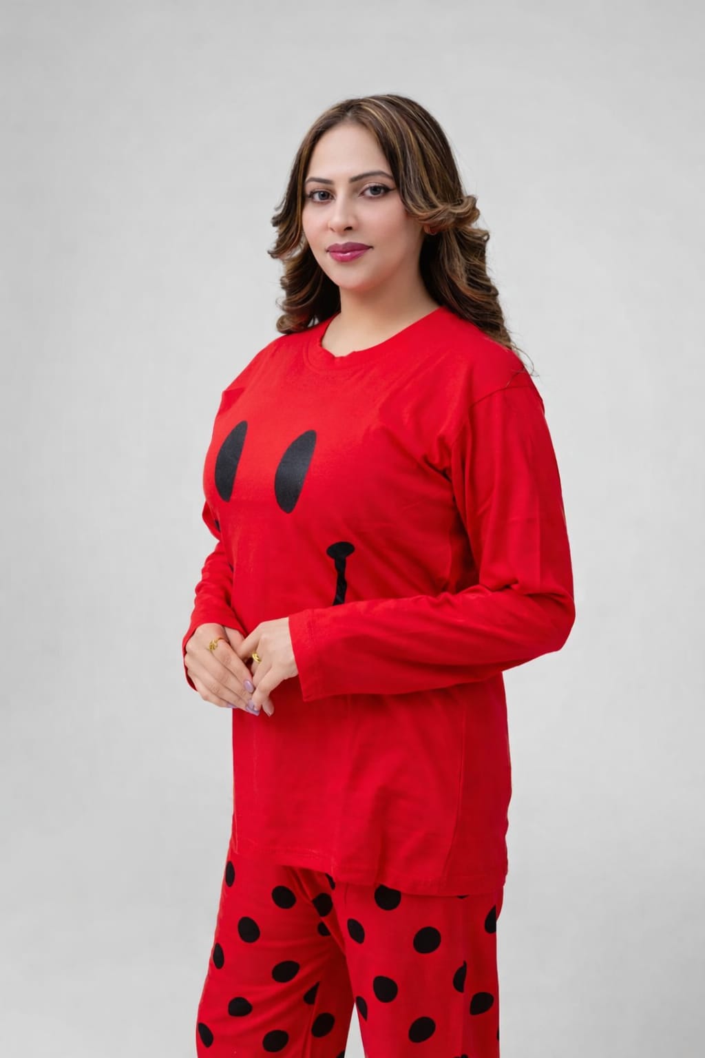 Red Smiley Printed Pajama Night Suit for Women