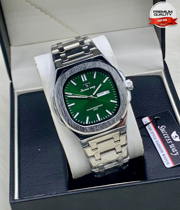 ZOLVEX Success Way Green Dial Luxury Watch – Stainless Steel Day-Date Watch