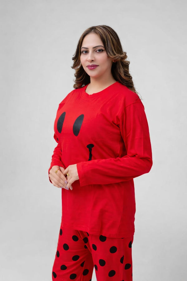 Red Smiley Printed Pajama Night Suit for Women