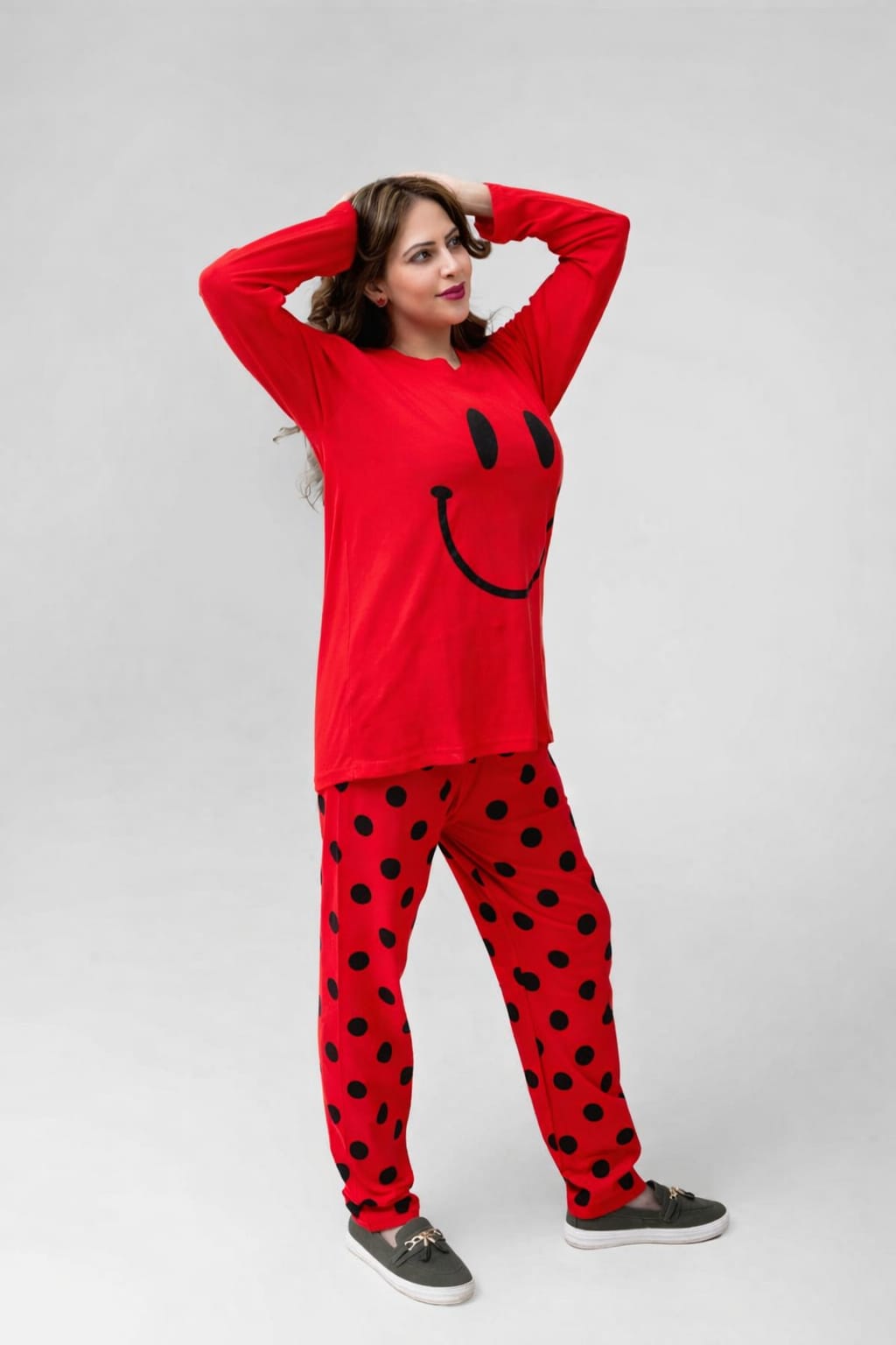 Red Smiley Printed Pajama Night Suit for Women