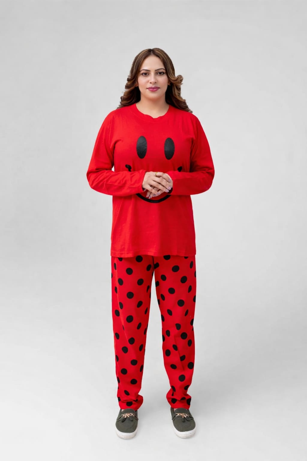 Red Smiley Printed Pajama Night Suit for Women