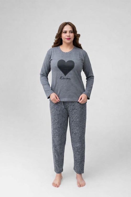 Black Heart Printed Night Suit for Women