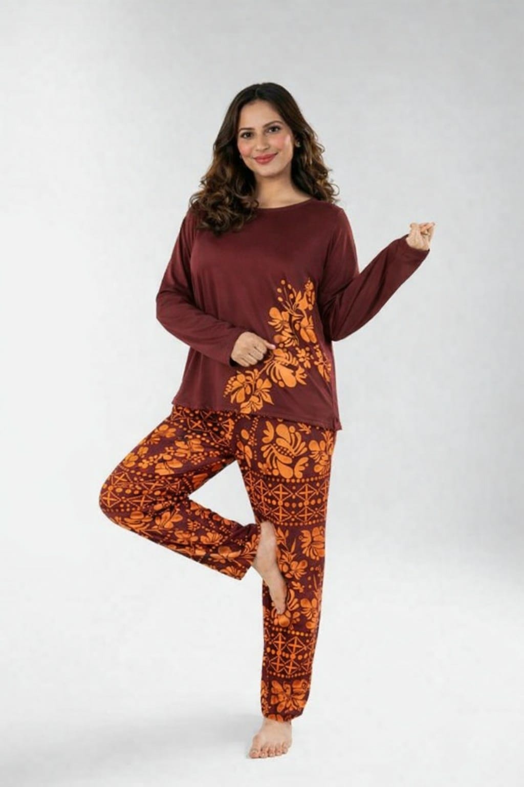 Mehroon Leaves Printed Night Suit for Women