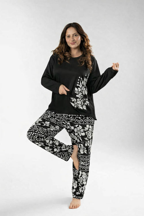 Black Leaves Printed Night Suit for Women