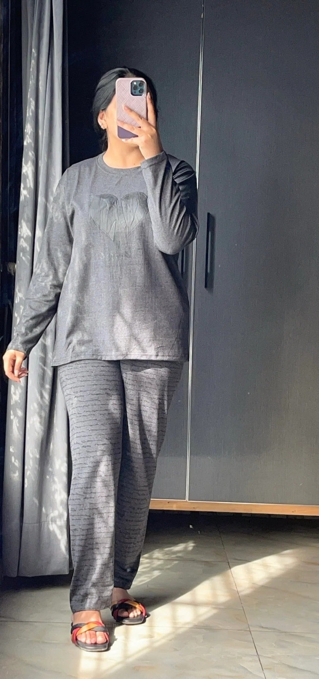 Black Heart Printed Night Suit for Women