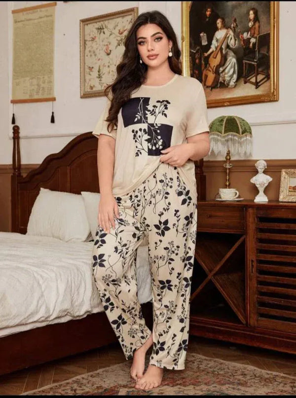 Cream Leaf Printed Night Suit