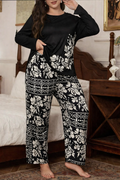 Black Leaves Printed Night Suit for Women