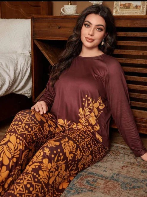 Mehroon Leaves Printed Night Suit for Women