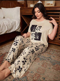 Cream Leaf Printed Night Suit