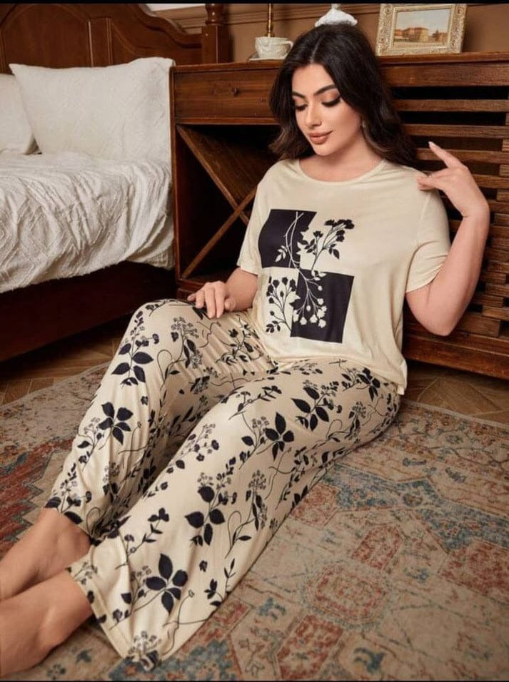 Cream Leaf Printed Night Suit