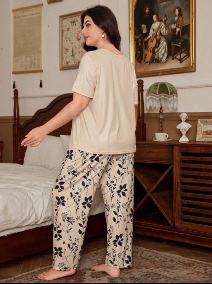 Cream Leaf Printed Night Suit