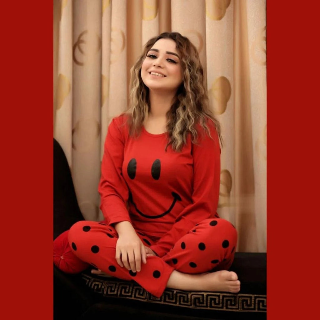 Red Smiley Printed Pajama Night Suit for Women