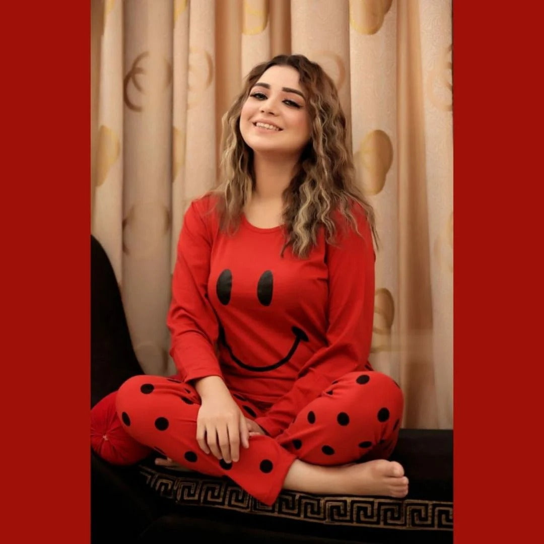 Red Smiley Printed Pajama Night Suit for Women