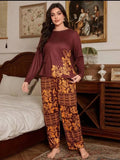 Mehroon Leaves Printed Night Suit for Women