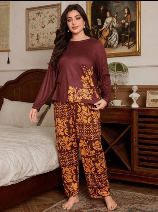 Mehroon Leaves Printed Night Suit for Women